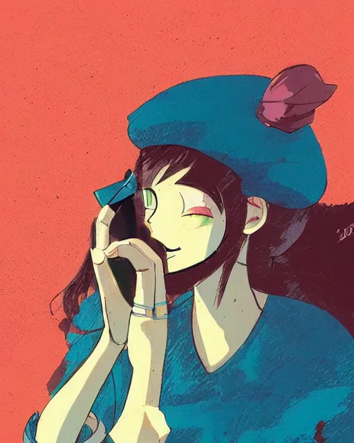 Image similar to girl with beret smoking a cigarette, colored manga panel, drawn by Anton Fadeev