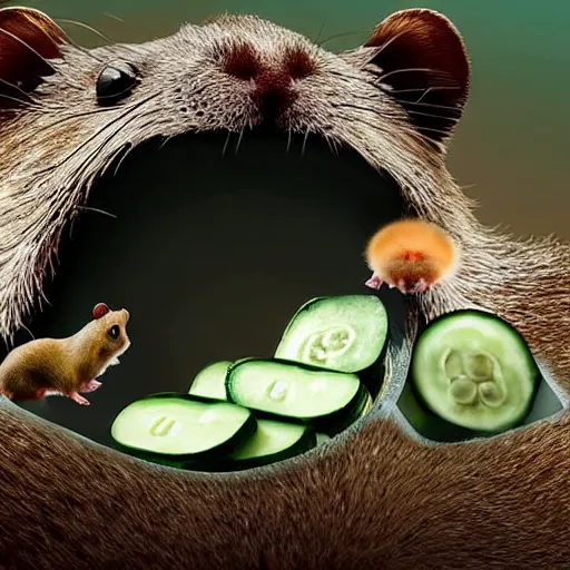 Prompt: hamster from the moon knocking beavers with cucumbers, sci - fi, 8 k, fight shot, hyper realistic