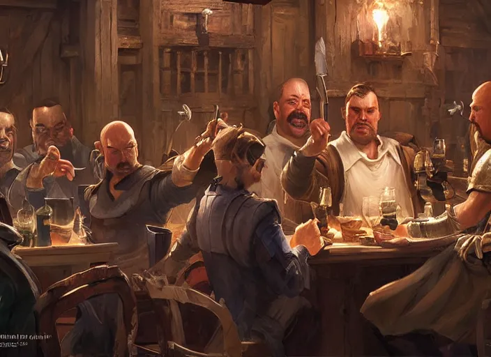 Prompt: medieval rich kingpin sitting in a tavern with his thugs, drinking and cheering, elegant, close frontal shot, digital painting, concept art, smooth, sharp focus, illustration, from starcraft by ruan jia and mandy jurgens and artgerm and william - adolphe bouguerea