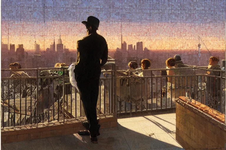 Prompt: painting of a rapper in a rooftop, watching new york, beautiful, sunset, romantic, by ludwig deutsch and maxfield parrish, patterned tilework, extremely detailed, cinematic lighting, smooth sharp focus