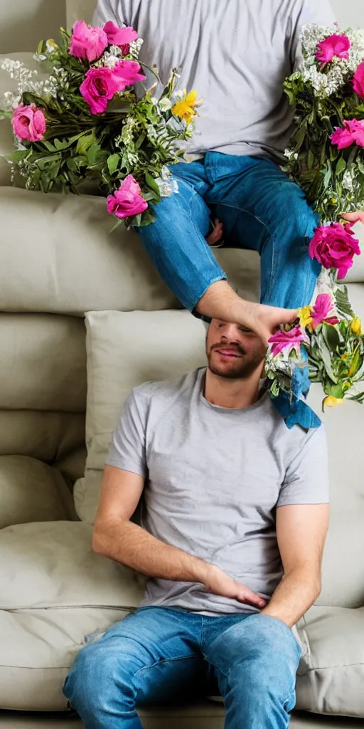 Image similar to a man sitting on the couch with a bunch of flowers in his hand