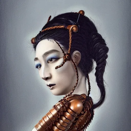 Image similar to portrait of a Shibari rope wrapped face and neck, headshot, insanely nice professional hair style, dramatic hair color, digital painting, of a old 15th century, young cyborg Rubber Nun, amber jewels, baroque, ornate clothing, scifi, realistic, hyperdetailed, chiaroscuro, concept art, art by Franz Hals and Jon Foster and Ayami Kojima and Amano and Karol Bak,