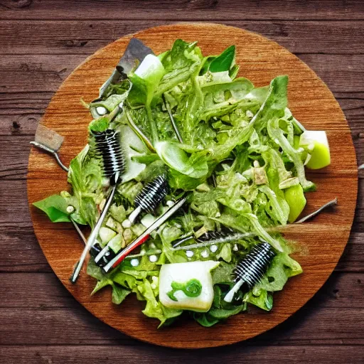 Image similar to photorealistic salad made of screws and spanners