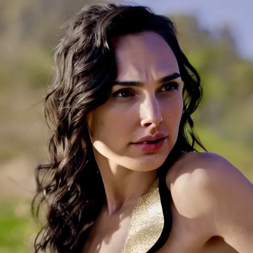 Image similar to a still of gal gadot a beautiful looking off into the distance, wavy long - length black hair, gold collar, white themyscira dress, beautiful brown eyes, medium shot, with a soft, natural light falling on her face. the focus is on her eyes and brows, which are perfectly shaped and well - defined. by annie leibowitz