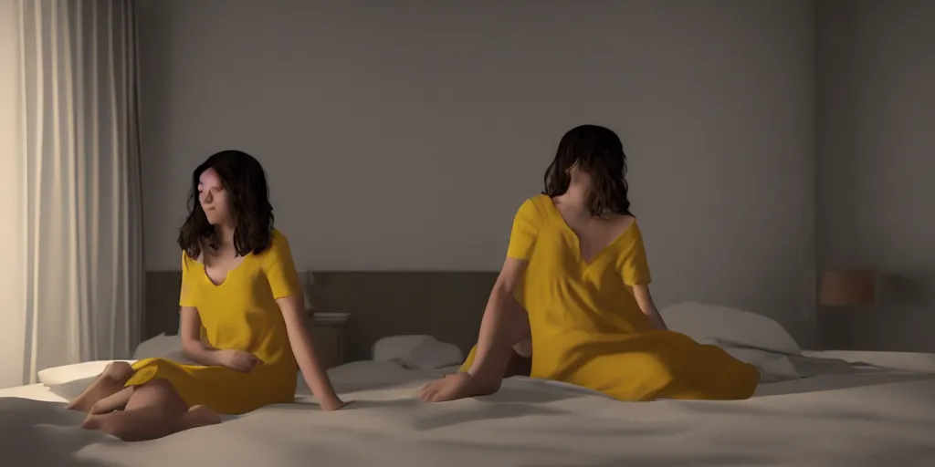 Prompt: A girl with dark hair in a yellow nightgown sits on a bed in a room with light gray walls, side view, sunset light, edward hopper style. cinematic, hyper realism, high detail, octane render, 8k, iridescent accents