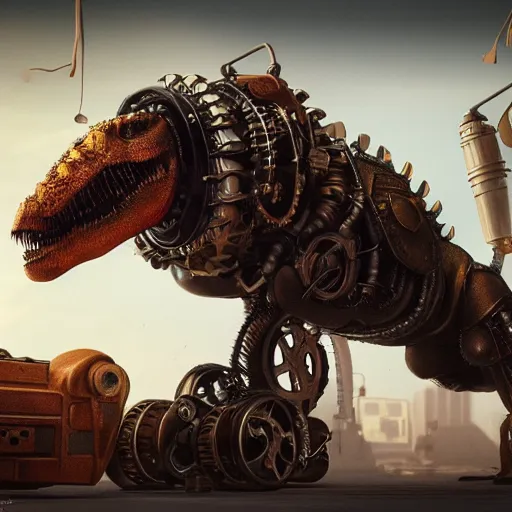 Image similar to A steampunk tyrannosaurus, cogs and wheels, mechanical hydraulics, epic composition, cinematic lighting, 8k, octane render, trending on ArtStation