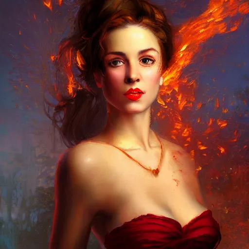 Prompt: portrait of a beautiful woman on fire. Whole body. Nostalgic expression. Thomas kindkade. Detailed eyes. Deep red lips. Trending on artstation. Detailed illustration. Hd. 4k