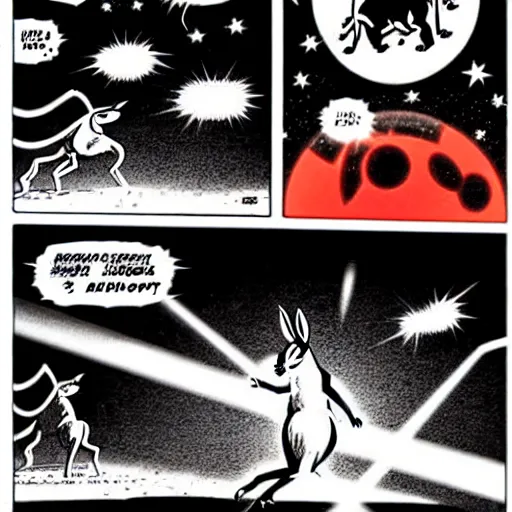 Image similar to Kangaroo runs away from a flying robot orb with red lasers in a futuristic prison by Kazuo Umezu, ultra high detailed