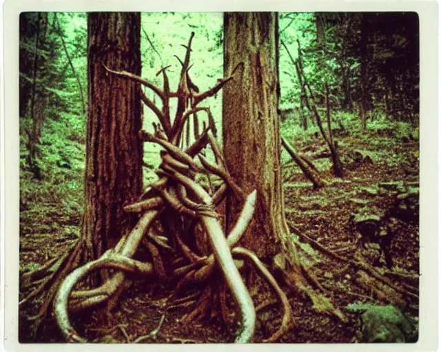 Prompt: Ancient cultic ritual totem made of horns and thorns disposable camera photo, polaroid, forest, horror movie