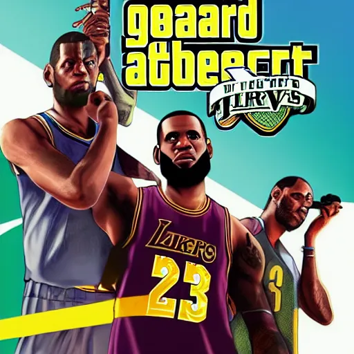 Image similar to lebron james as gta v cover art, sharp details, sharp focus