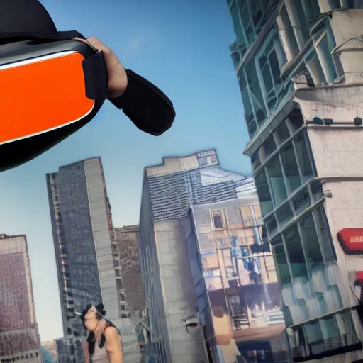 Image similar to Super hero wearing a virtual reality headset in big city, render, ray tracing