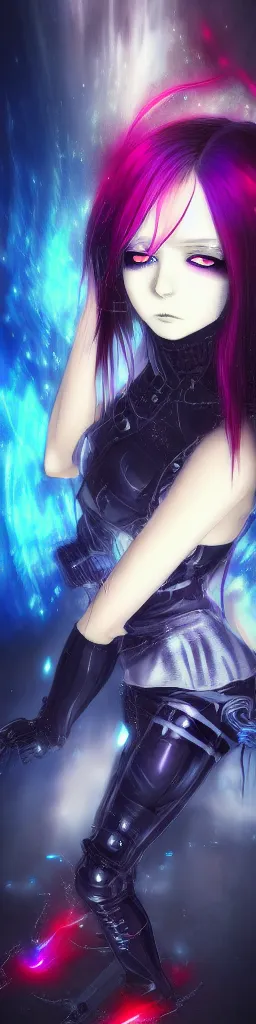 Image similar to anime cyberpunk dark fantasy gothic art, cute and beautiful full body female damaged cyborg - angel in the style of stand alone complex, akira, durararara, red blue purple black fade, intense watery glowing red and blue eyes, cinematic lighting, highly intricate detailed, wavy hair, advanced digital anime art, wlop and rossdraws and sakimimichan