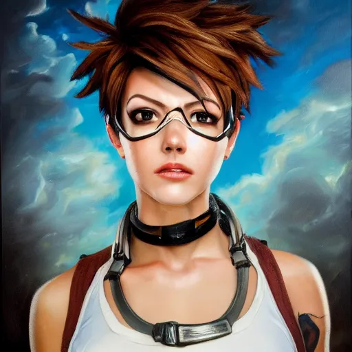 Image similar to oil painting of tracer overwatch in a field, in style of mark arian, expressive face, very detailed face, wearing black steel choker, very detailed eyes, full body, feminine face, detailed makeup on eyes,