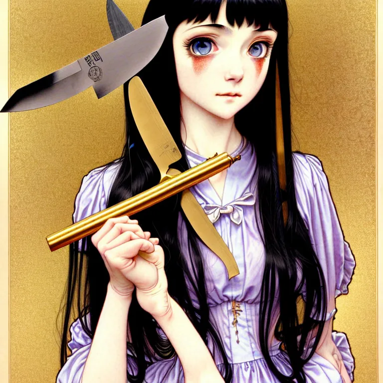 Image similar to portrait of a morbid 18 year old youth wearing a pretty little dress with straight silky black hair, in a butcher shop, holding a butcher knife. insanely and epically detailed high-quality small details, beautiful golden ratio, exquisitely detailed soft shadowing, epic pencil illustration, by Range Murata and by Alphonse Mucha and by Katsuhiro Otomo.