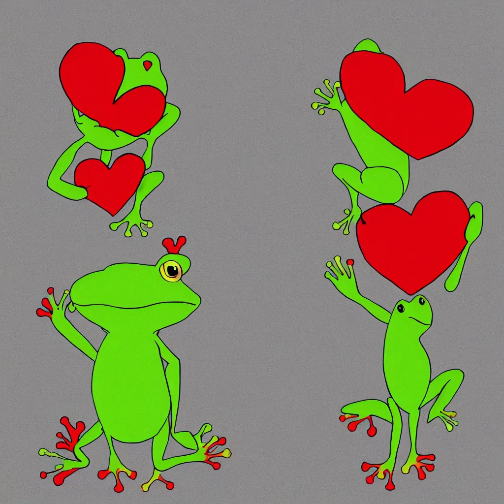 Image similar to a frog holding a big red heart, children’s cartoon, stylized