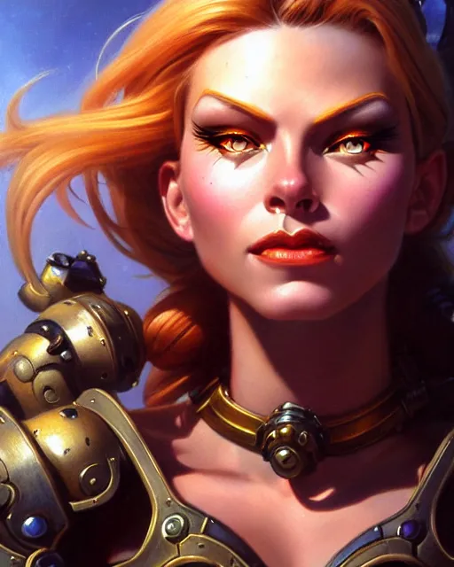 Image similar to brigitte from overwatch, fantasy, fantasy art, character portrait, portrait, close up, highly detailed, intricate detail, amazing detail, sharp focus, vintage fantasy art, vintage sci - fi art, radiant light, caustics, by boris vallejo