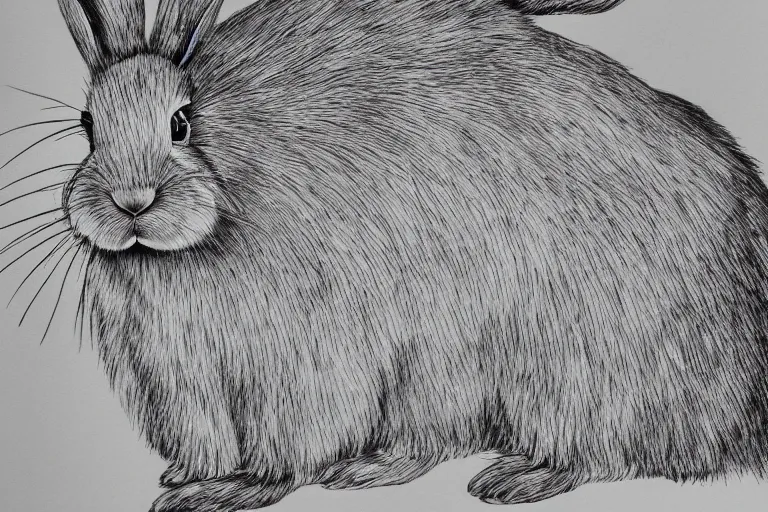 Prompt: very hairy rabbit with five legs, black and white, botanical illustration, black ink on white paper, bold lines