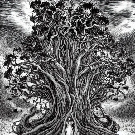 Image similar to Tree of Pain from Hyperion by Kentaro Miura, highly detailed, black and white