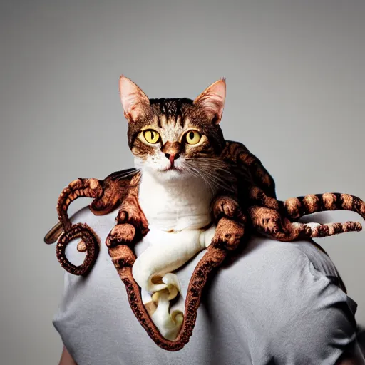 Prompt: an octopus on top of a cat, professional photography