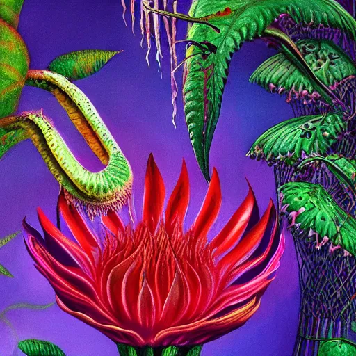 Image similar to flower venus flytrap grab mulatto in the jungle, epicaly surreally beautiful image, hyper-realistic, high resolution, hypnotic measurements , ultra detailed painting, epic visuals, absolutely outstanding, 16K