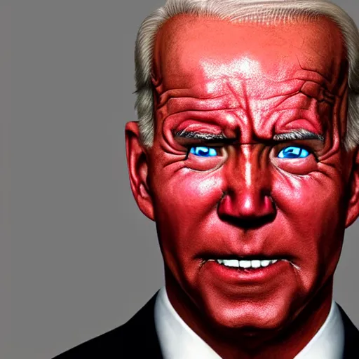 Image similar to hyper realistic terror photo Doom horror furious glowing red eyes biden