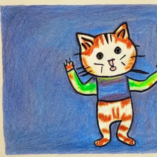 Image similar to a crayon child drawing of a cat dancing