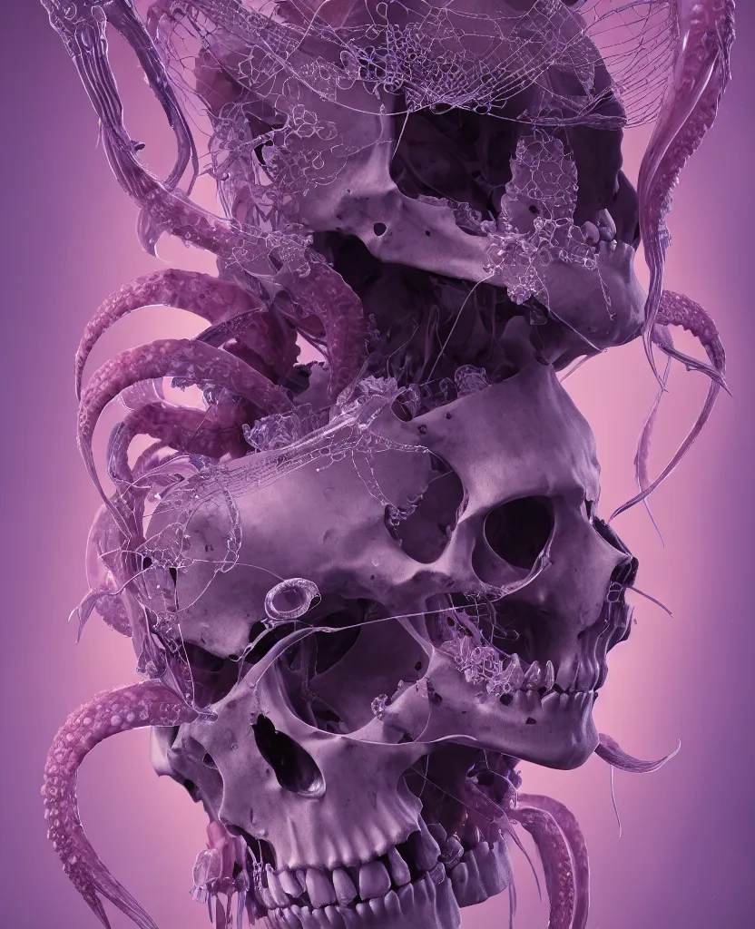 Image similar to symmetry!! goddess close - up portrait human skeleton, ram skull, squid phoenix jellyfish, orchid, betta fish, bioluminiscent, intricate artwork by tooth wu and wlop and beeple. octane render, trending on artstation, greg rutkowski very coherent symmetrical artwork. cinematic, hyper realism, high detail, octane render, 8 k