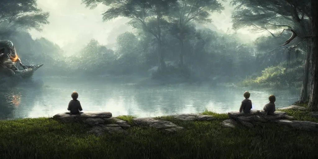 Prompt: a big silver dragon and a boy sitting next to lake in forest, many fireflys, at night, concept art, dof, cryengine, digital art, detailed background, makoto shinkai