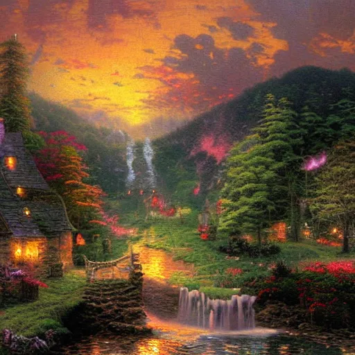 Prompt: hell, painted by thomas kinkade