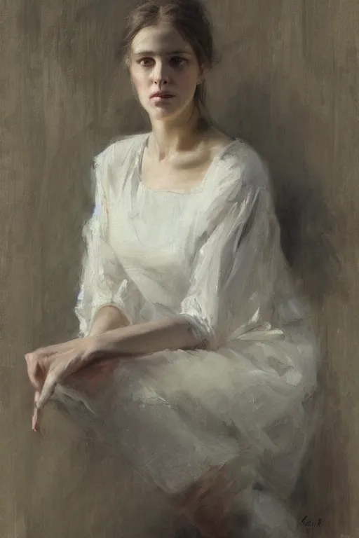 Prompt: Richard Schmid and Jeremy Lipking full length portrait painting of a young beautiful woman