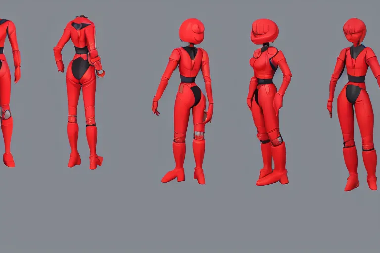 Prompt: 3d model sheet tpose turnaround of female sci fi character with black hair and red armored space outfit with stylized pixar mom proportions