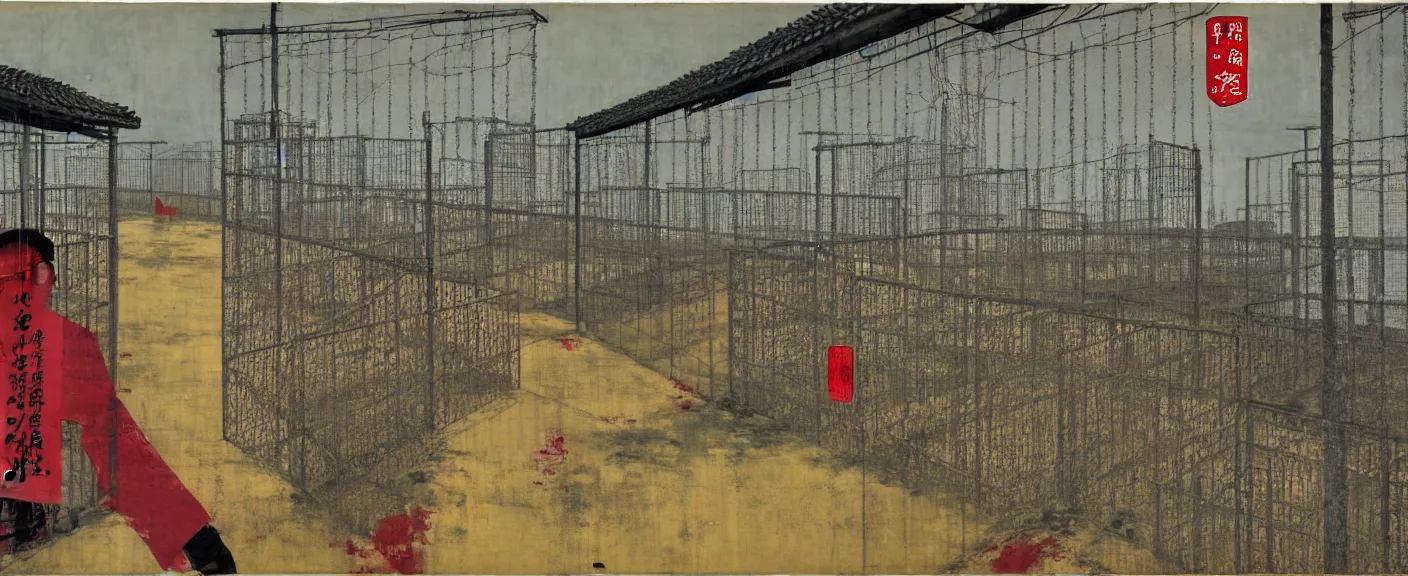 Image similar to a chinese prison near a river by peter doig, muted colors, overlaid with chinese adverts