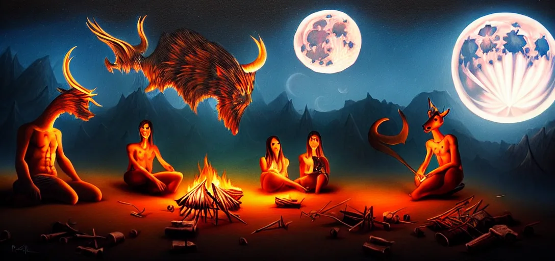 Image similar to strange mythical beasts of sitting around a fire under a full moon, surreal dark uncanny painting by ronny khalil