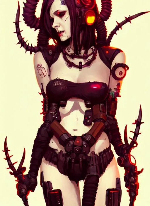 Image similar to portrait of cute cyborg succubus girl with crown of thorns and horns covered with runic tattoos, warhammer, cyberpunk by atey ghailan, by greg rutkowski, by greg tocchini, by james gilleard, by joe gb fenton, by in kaethe butcher, dynamic lighting, gradient light red, yellow, blonde cream and white color in scheme, grunge aesthetic