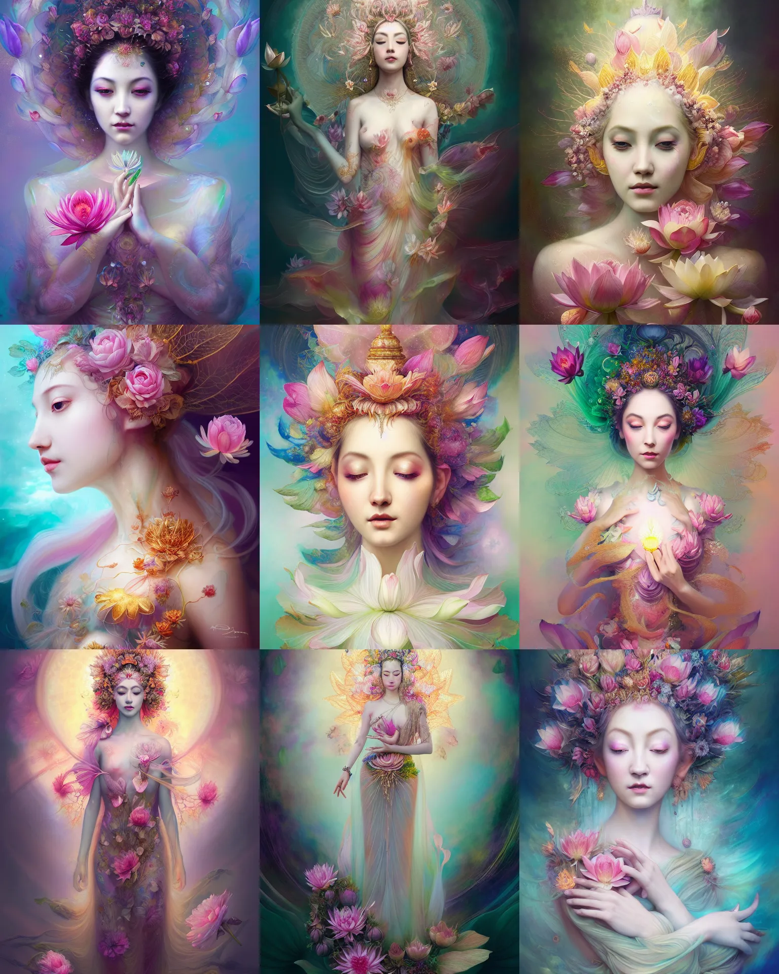 Image similar to Full View realistic Portrait ethereal lotus flower deity wearing beautiful dress, lotus flower Dryad beautiful dress, spirituality, 4k digital masterpiece by Anna Dittman and Alberto Seveso Ruan Jia, rossdraws, fantasycore, Hyperdetailed, realistic oil on linen, soft lighting, Iconography background, featured on Artstation