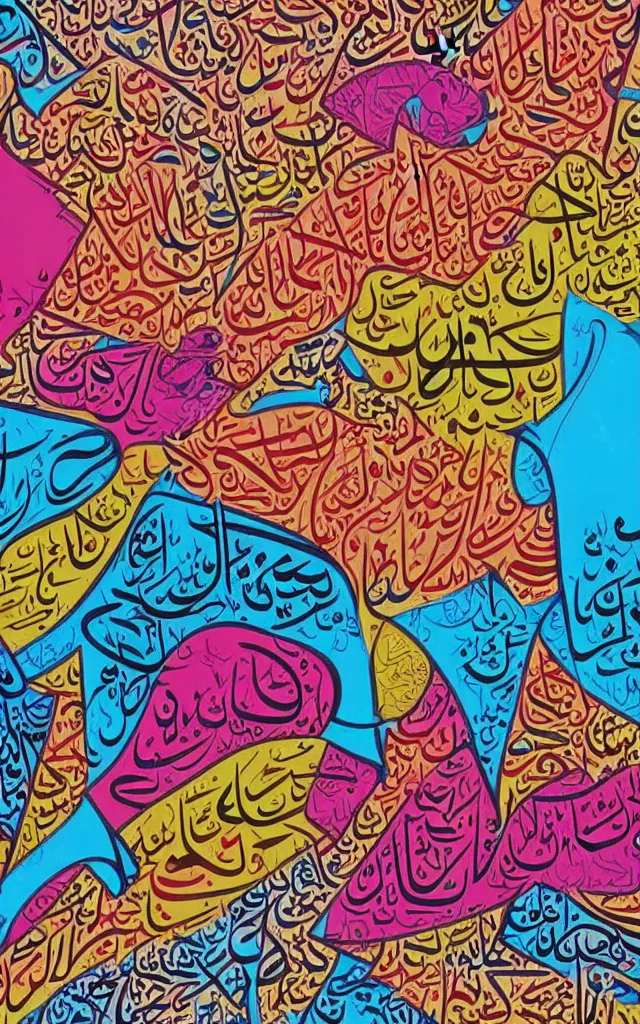 Prompt: colorful arabic caligraphic poster street art style by el seed, yazan halwani,