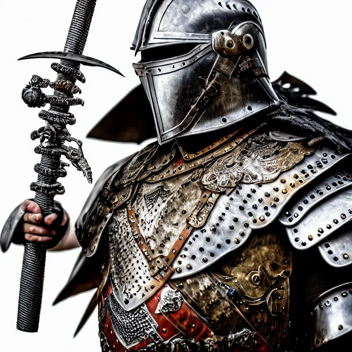 Image similar to photo of a warrior with metal parrot themed armour, highly detailed, 4 k, hdr, smooth, sharp focus, high resolution, award - winning photo