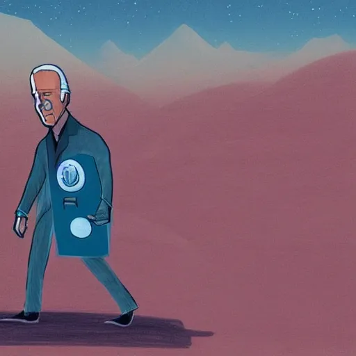 Image similar to drawing of Joe Biden , dressed in an alien costume , walking in the desert , in the style of Simon Stalenhag