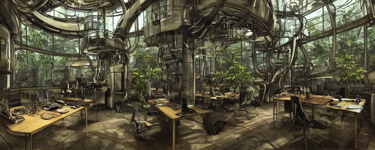 Image similar to a futuristic steampunk science office, inside a building built in the middle of a lush tropical rainforest, lush forest outside of the window, cinematic back lit lighting, realistic, detailed, canon 50mm lens,