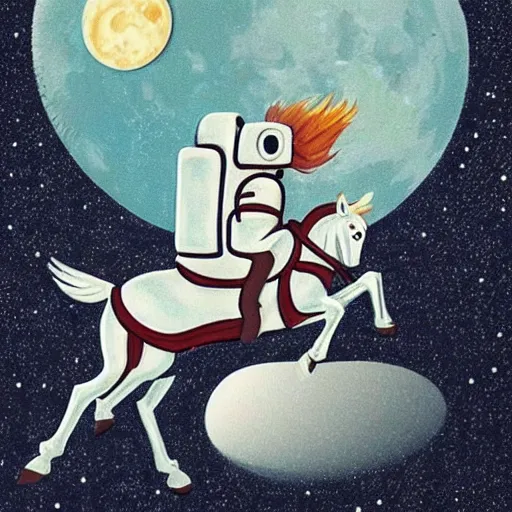 Image similar to the moon riding an astronaut on a horse