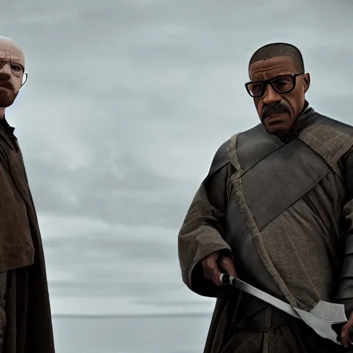 Image similar to walter white and gustavo fring dress like a knights from game of thrones, dueling with swords, cinematic, highly - detailed, 8 k, hbo, game of thrones, realistic