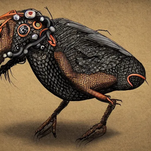 Image similar to a bird tractor hybrid creature monster with metal scales, illustration