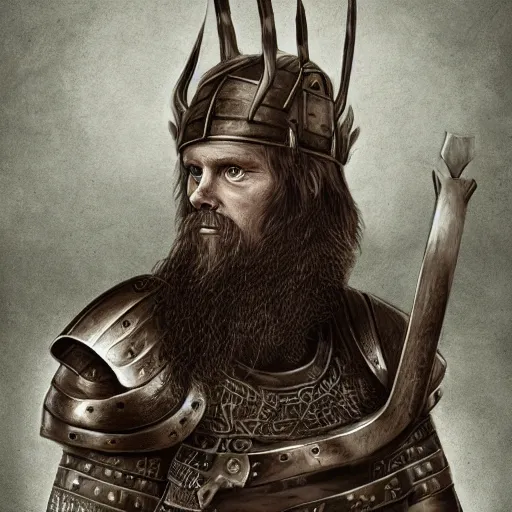 Prompt: a portrait of Varg Vikernes dressed as an ancient viking warrior, digital art, highly detailed, trending on artstationhq