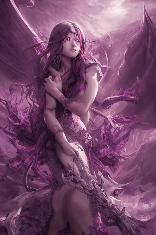 Image similar to beautiful demon princess scenery wallpaper aesthetic, purple color, demonic, cinematic, powerful, super detailed and intricate, elegant, hyper realistic, by artgerm, by kyoung hwan kim, by ralph mcquarrie, by yoshiyuki tomino