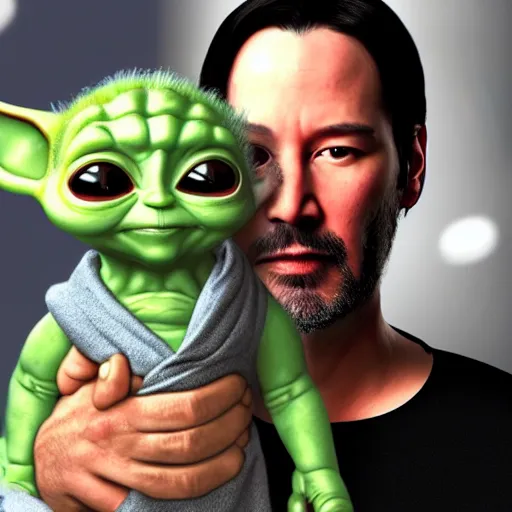 Prompt: keanu reeves holding baby yoda in his arms, matrix, detailed, hyper realistic, 4 k octan render, unreal 5