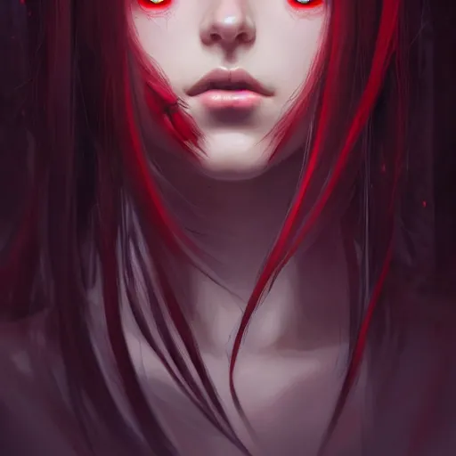 Image similar to a beautiful girl with long black hair and red eyes, fantasy, sharp focus, intricate, elegant, digital painting, artstation, matte, highly detailed, ambient lighting, portrait by Studio Ghibli, Rossdraws, artgerm, Ilya Kuvshinov, and Greg Rutkowski