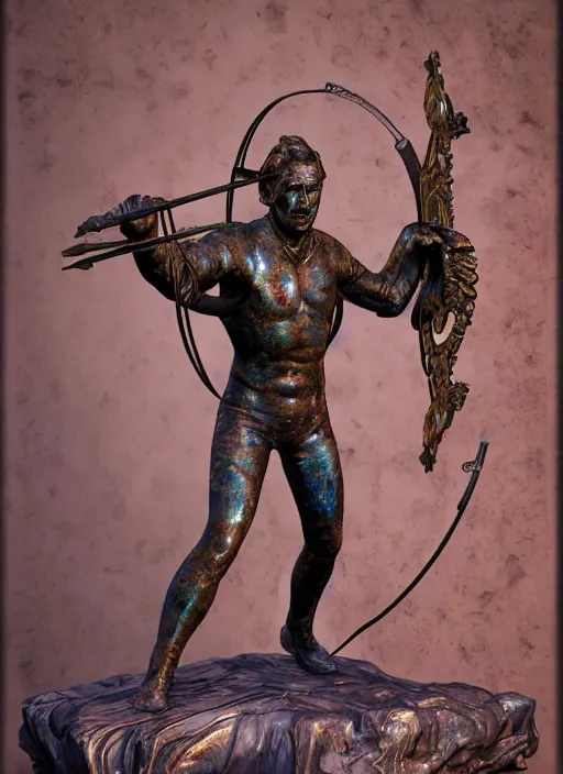 Image similar to An epic fantastic realism comic book style portrait painting of a distressed bronze archery sculpture from the future by Stanislaw Szukalski, gilded colorful marbled paper background, winged archer, fisheye lens, unreal 5, DAZ, hyperrealistic, octane render, dynamic lighting