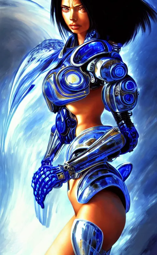 Prompt: character design, concept art, cyborg, armor with long blue light sapphires blue lines, adriana lima, battle angel alita. by rembrandt 1 6 6 7, illustration, by konstantin razumov, sci - fi, frostine engine, vibrant colors, fractal flame, crystalized, by wlop