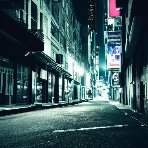 Image similar to street view of a dark cyber noir city, night, photoreal 35mm 8k photography