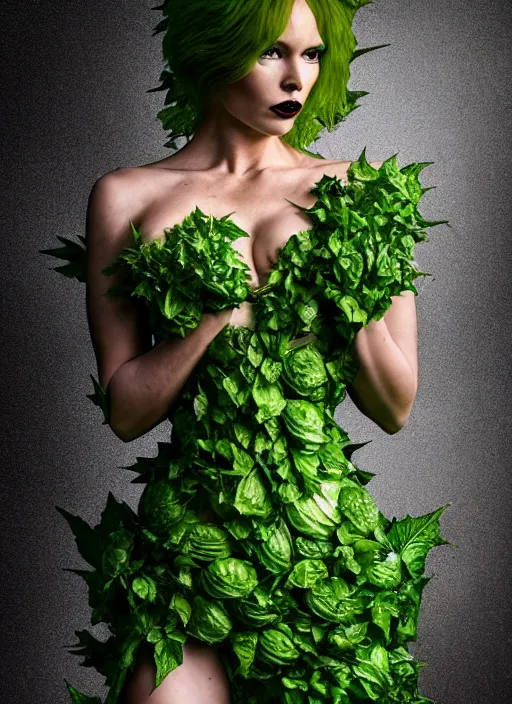 Prompt: expressive full body photo of the poison ivy, dress made of cabbages, glamour shot, by karol bak, stefan gesell, photorealistic, nikon d 4 x, fashion photography, hyper maximalist, elegant, ornate, luxury, elite, environmental portrait, symmetrical features, octane render, unreal engine, solid dark grey background, dramatic lights